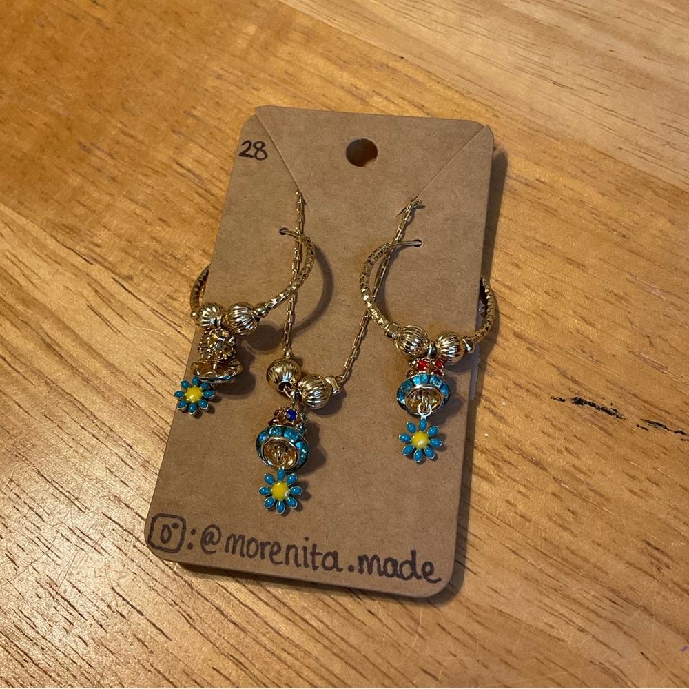 Gold and Blue Floral Hoop Earrings